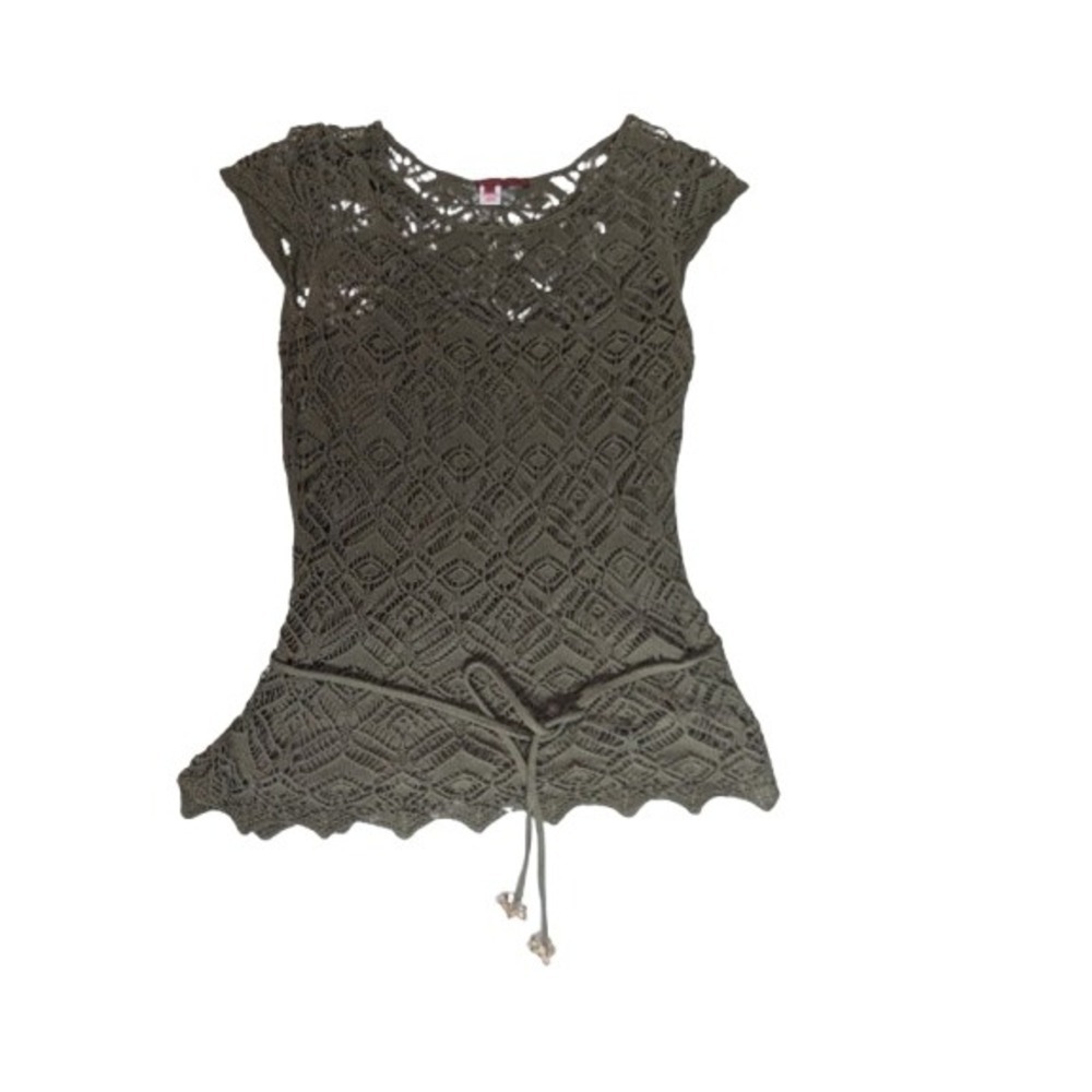 Tape Measure layered‎ Olive Green Crochet Knit Cap Sleeve Tunic Top M